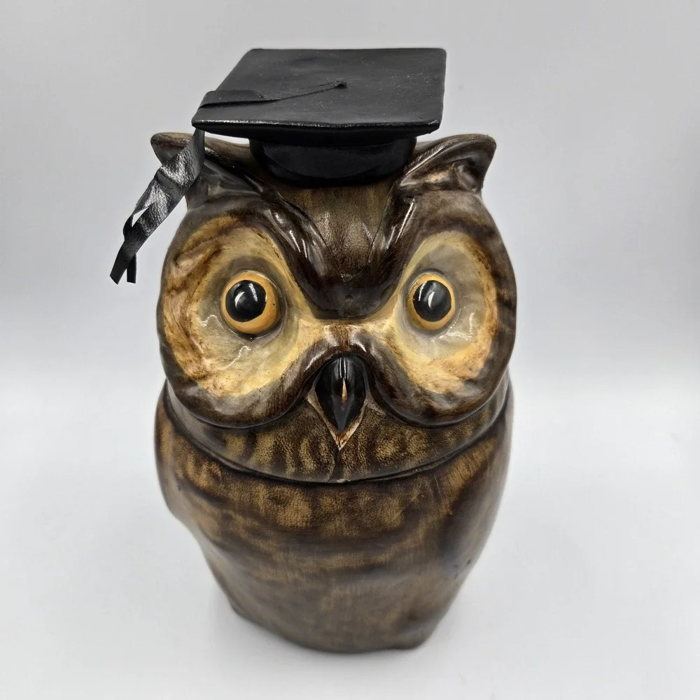 MCM Italian‎ Owl Ceramic Cookie Jar Container Brown Yellow Eyes VTG 60s 9